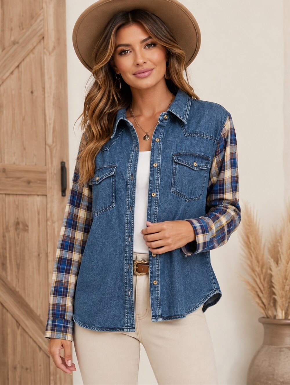Denim Plaid Sleeve Barn Chore Jacket Shacket Western Country Store XL